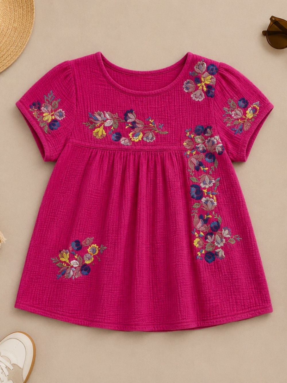 Pink Fuchsia Gauze Boxy Colorful Embroidery Sleeves Boho crewel crinkle pink